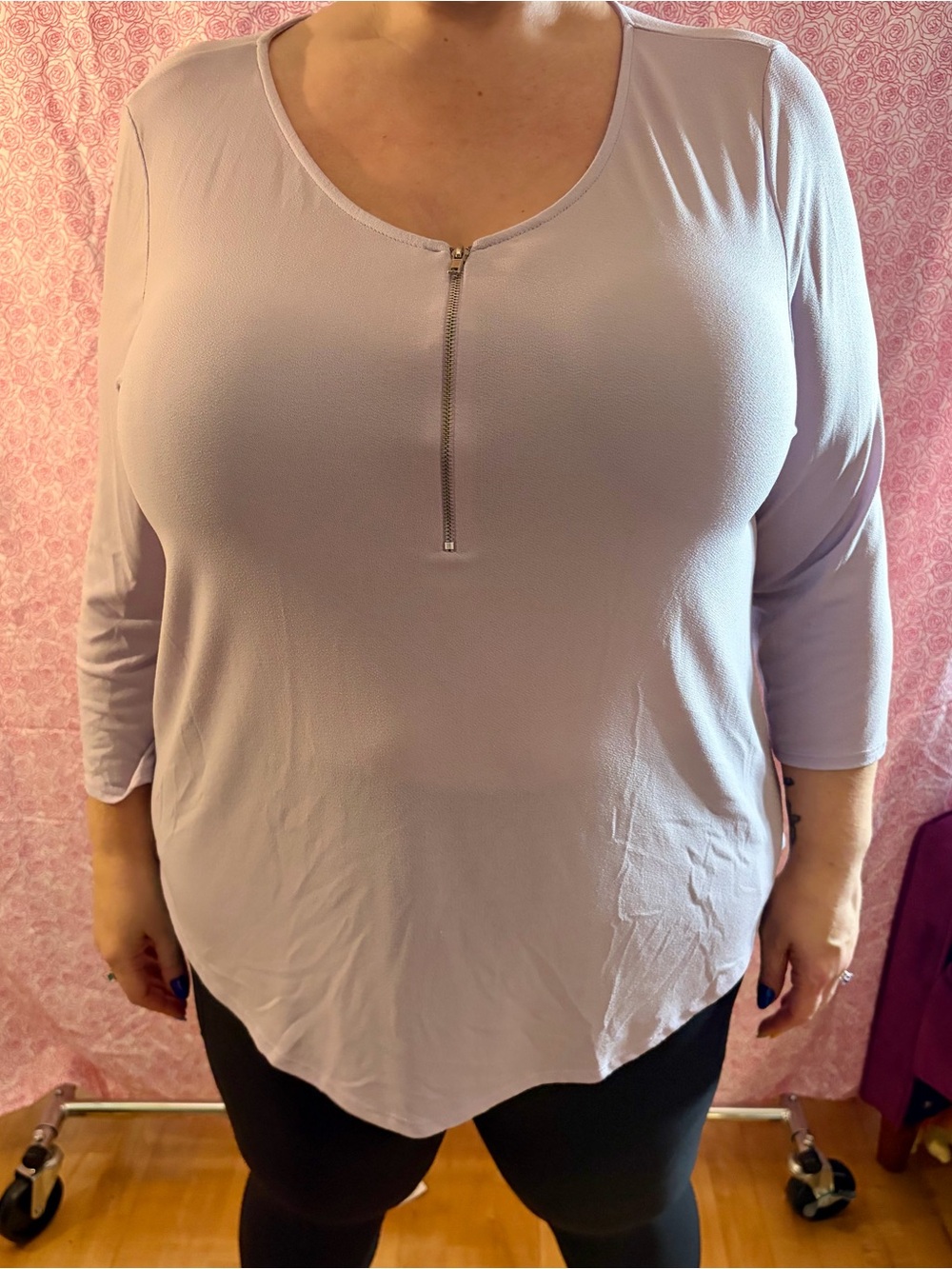 Green Envelope Lavender Zip-Front Scoop Neck Top